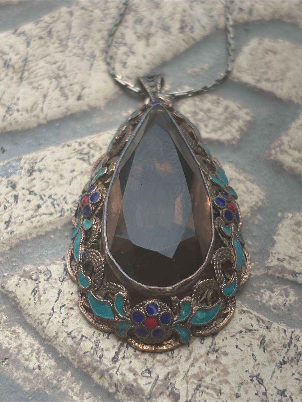 Large Smoky Quartz turquois 95 silver tear drop estate jewelry